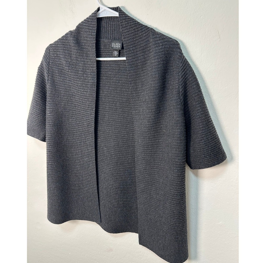 EILEEN FISHER Petite Charcoal Grey Ribbed Knit Short Sleeve Open Front Cardigan - Picture 3 of 9